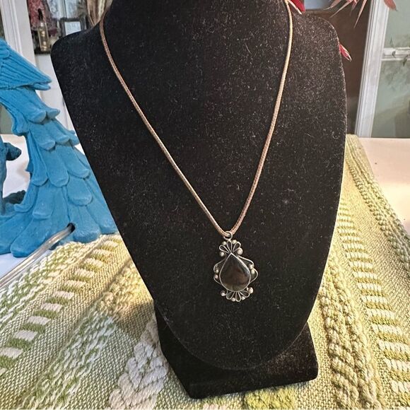 Sterling Silver & Onyx Teardrop Necklace (.925) - Picture 2 of 7